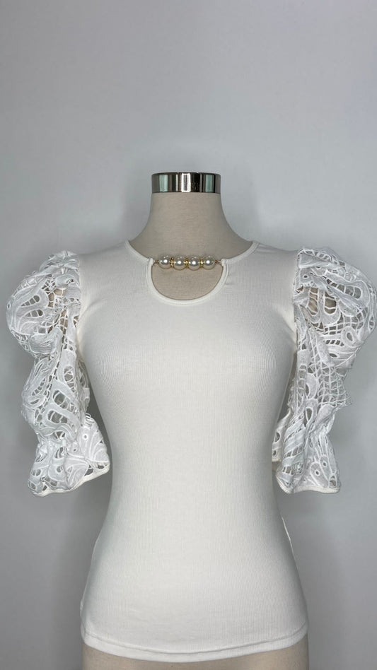 Knitted Solid Pearl Trim Top with Laced Sleeve