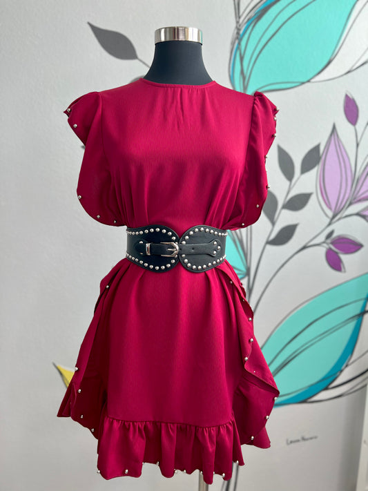 Ruffle Embellished Burgundy Dress