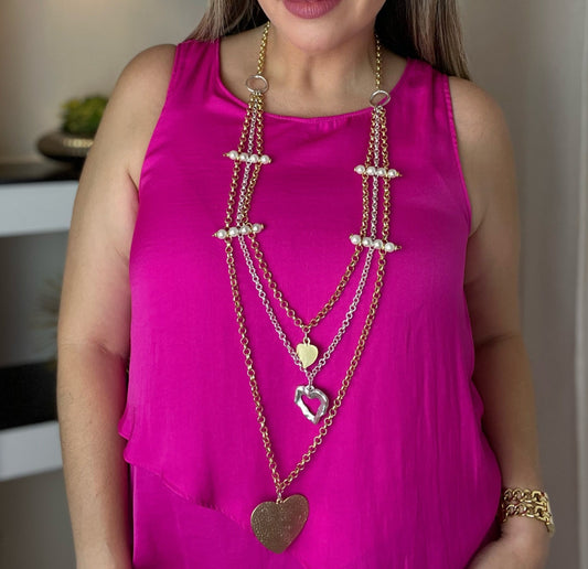 Pearls Two Tones Heart Turkish Necklace