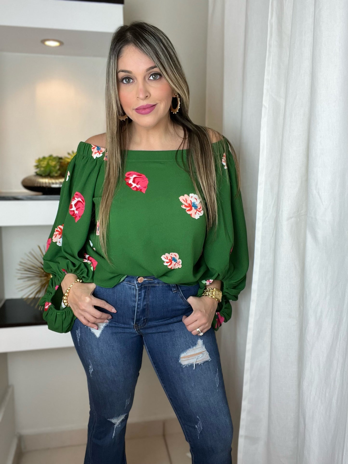 Floral Off the Shoulder Balloon Sleeve Top